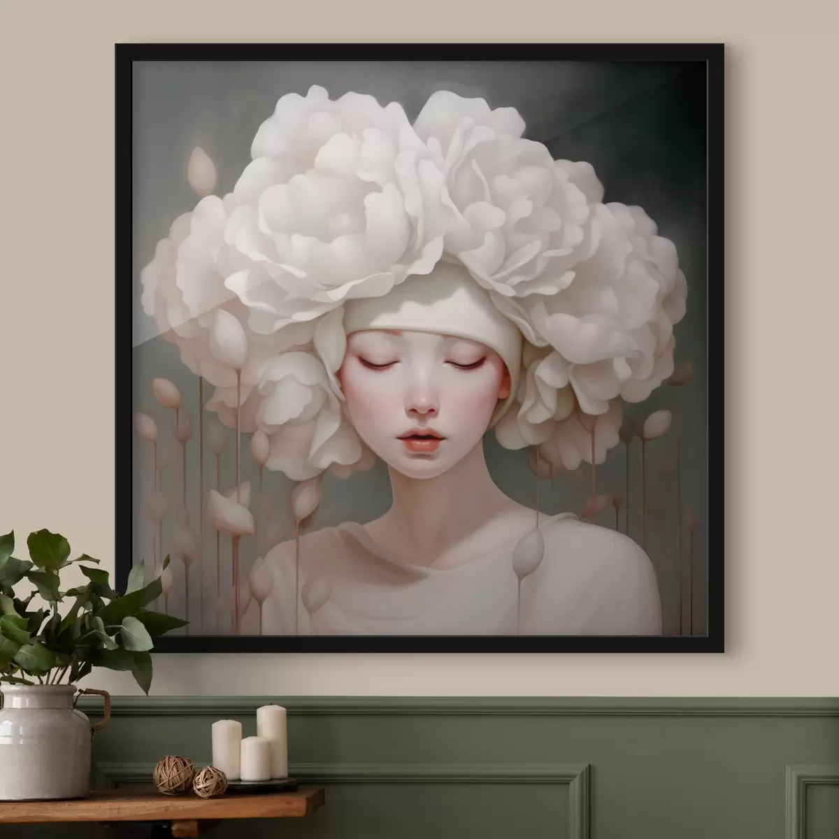 Poster Niña con flores en la cabeza en tonos suaves f43385