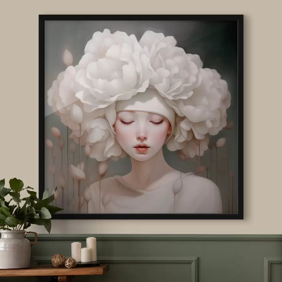 murales de pared Niña con flores en la cabeza en tonos suaves f43385