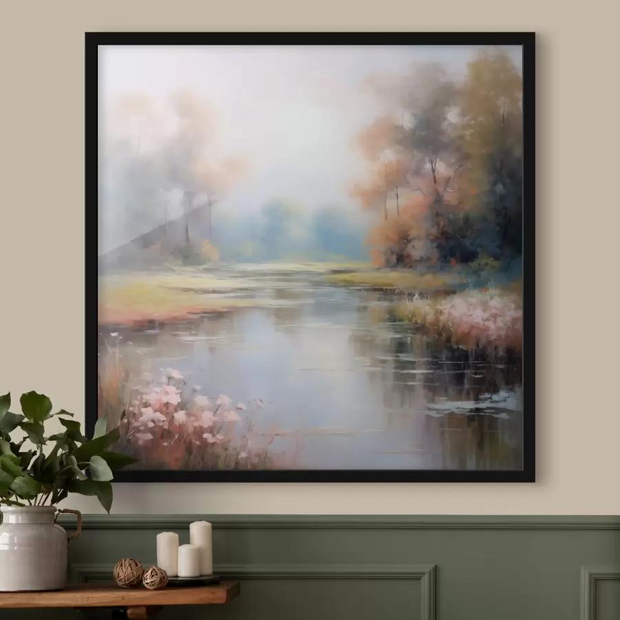 murales de pared Naturaleza forestal con un río, flores y árboles f43386