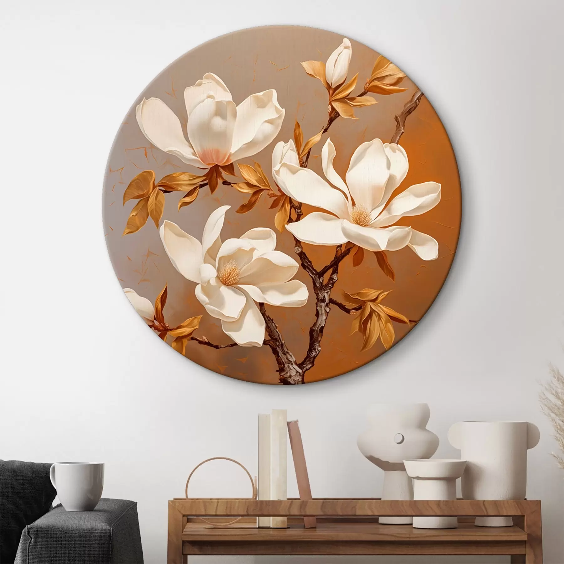 murales de pared Pintura al óleo con una magnolia blanca en una rama sobre fondo amarillo r43361