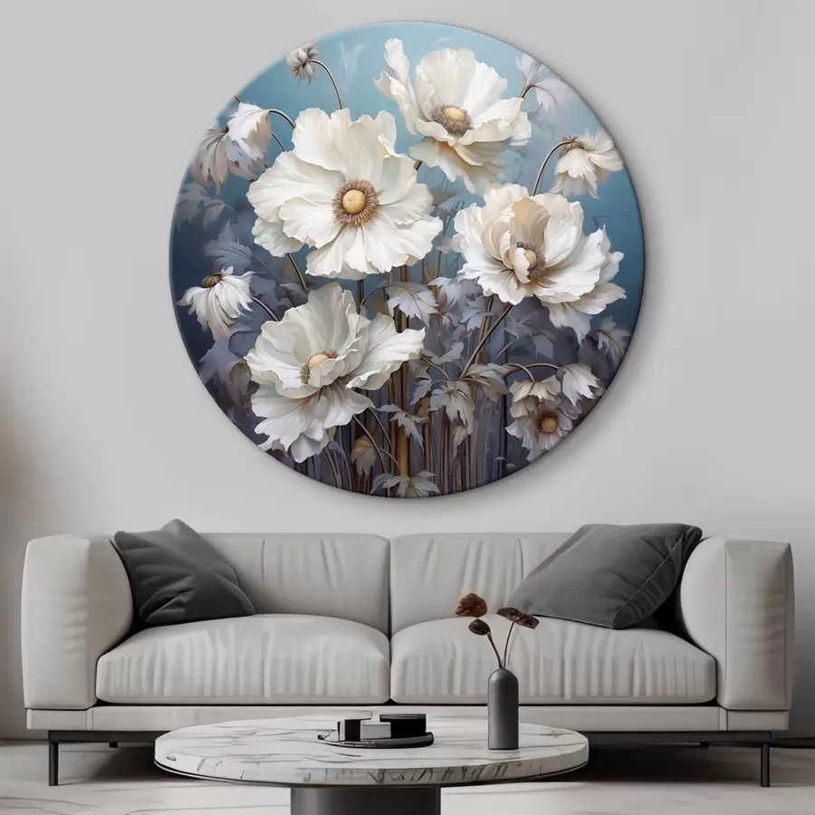 murales de pared Ramo de peonías blancas sobre fondo azul en estilo pictórico r43370