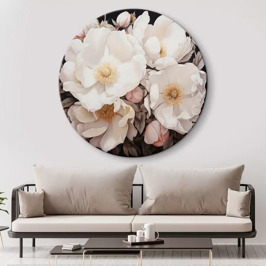 murales de pared Flores de peonía blanca sobre fondo oscuro en estilo de pintura acrílica r43379