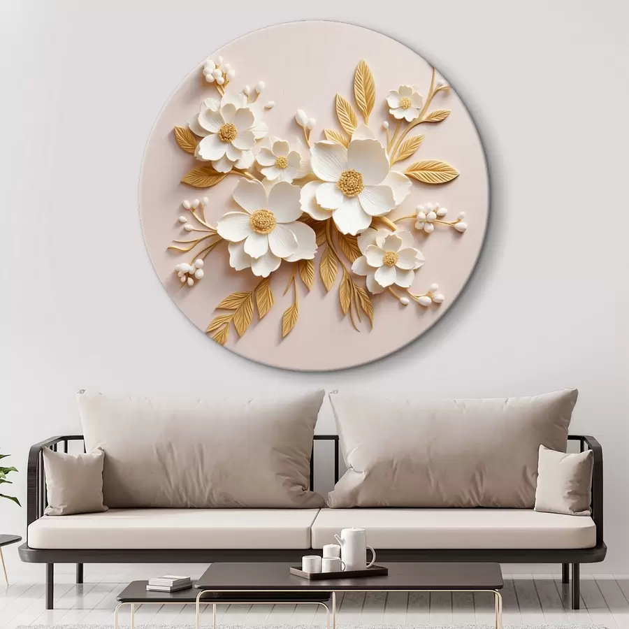 murales de pared flores blancas 3D con hojas sobre fondo crema r43383