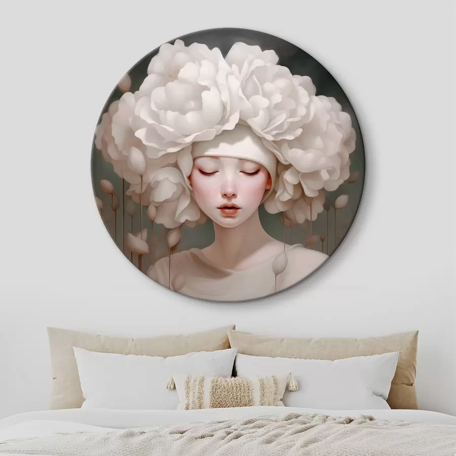 murales de pared Niña con flores en la cabeza en tonos suaves r43385