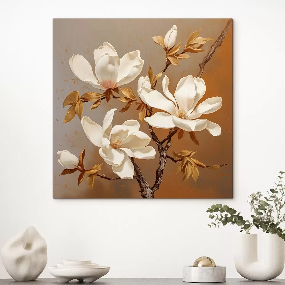 murales de pared Pintura al óleo con una magnolia blanca en una rama sobre fondo amarillo s43361