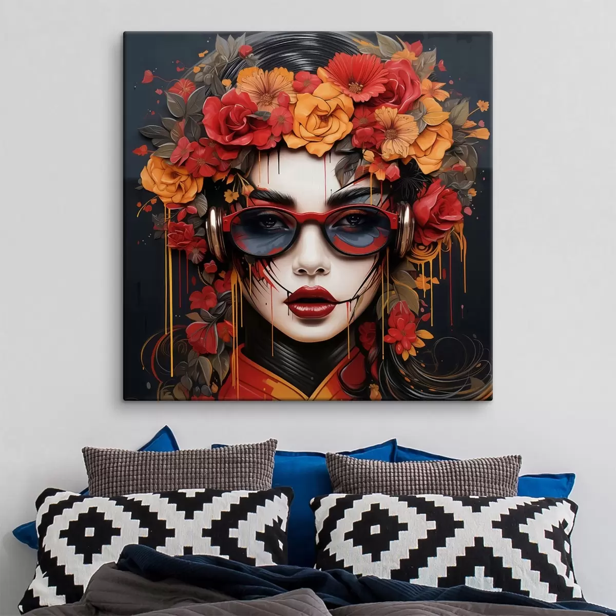 murales de pared Mujer con flores en la cabeza, estilo street art s43362