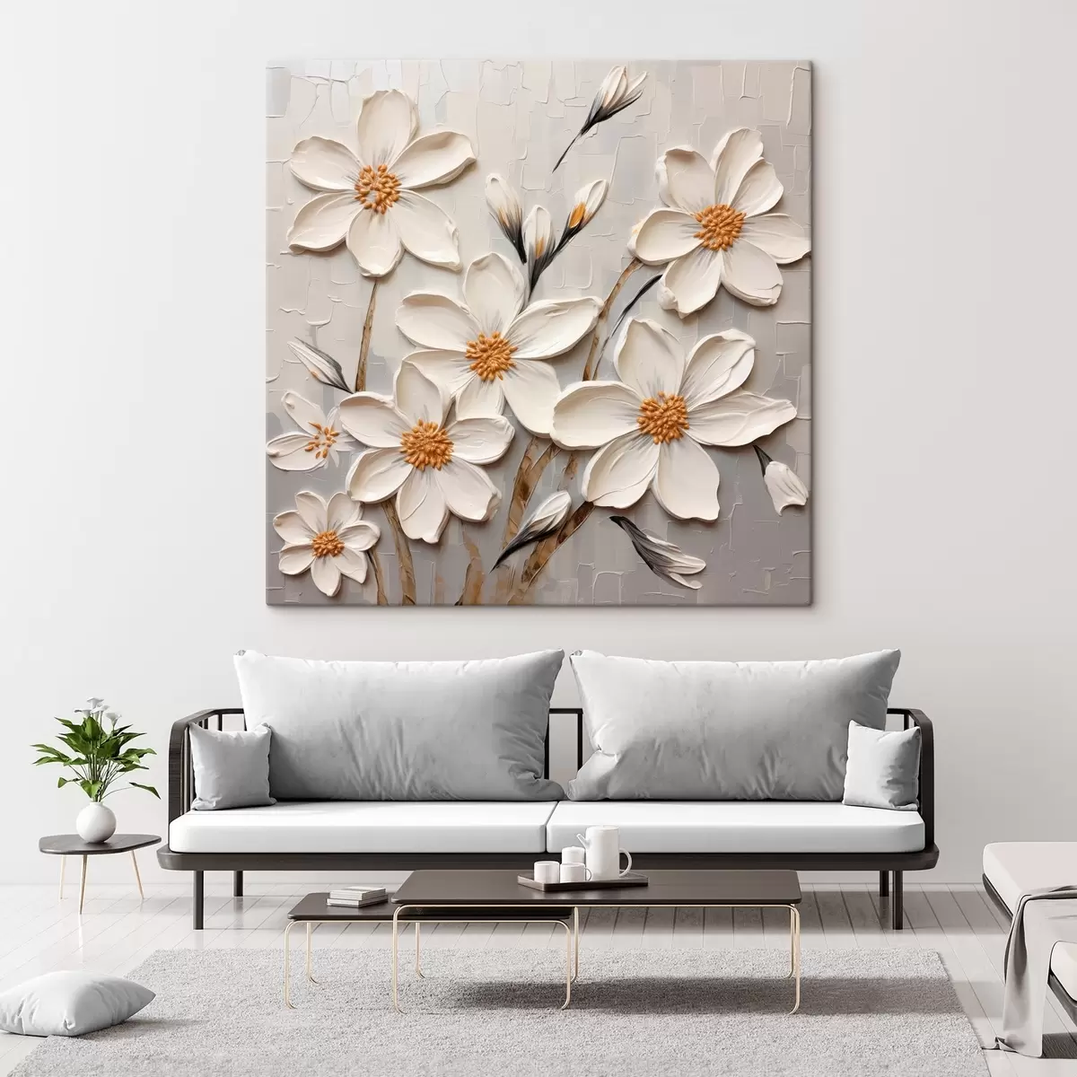 murales de pared Flores blancas voluminosas en estilo pictórico con grandes pinceladas s43366