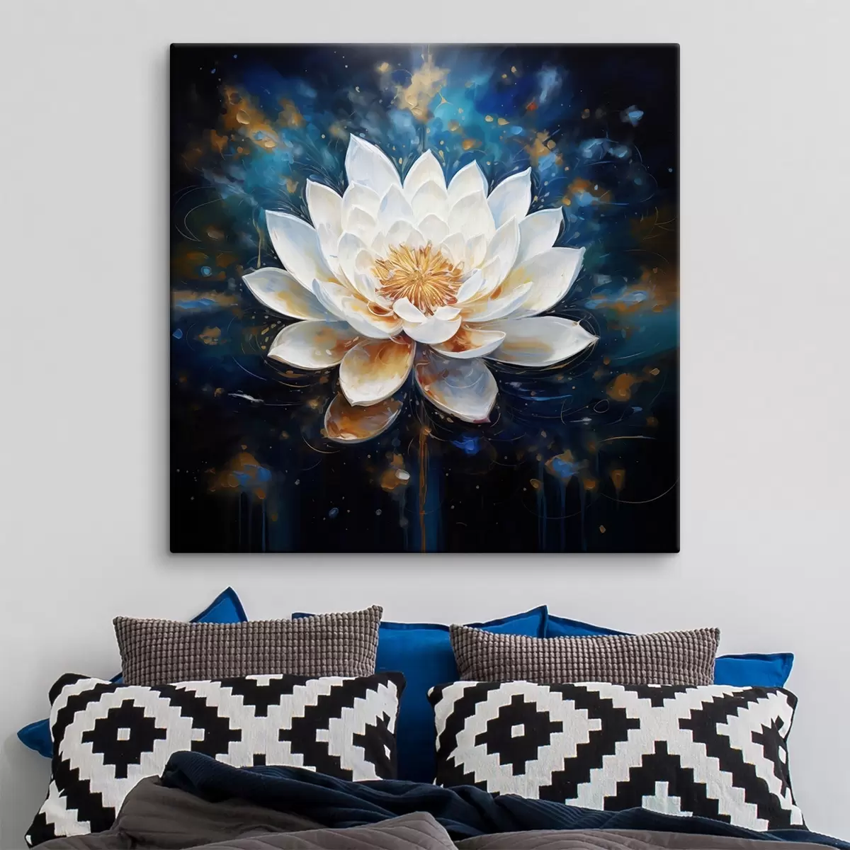 murales de pared Loto blanco sobre fondo azul en estilo pictórico s43371