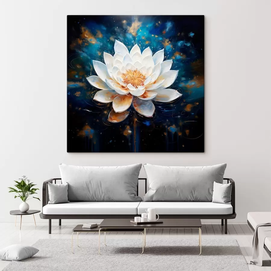 murales de pared Loto blanco sobre fondo azul en estilo pictórico s43371