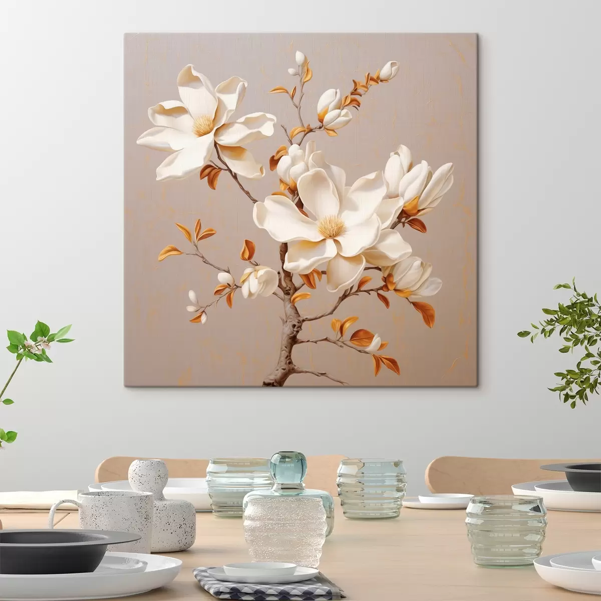 murales de pared Elegante rama de magnolia en tonos beige s43373