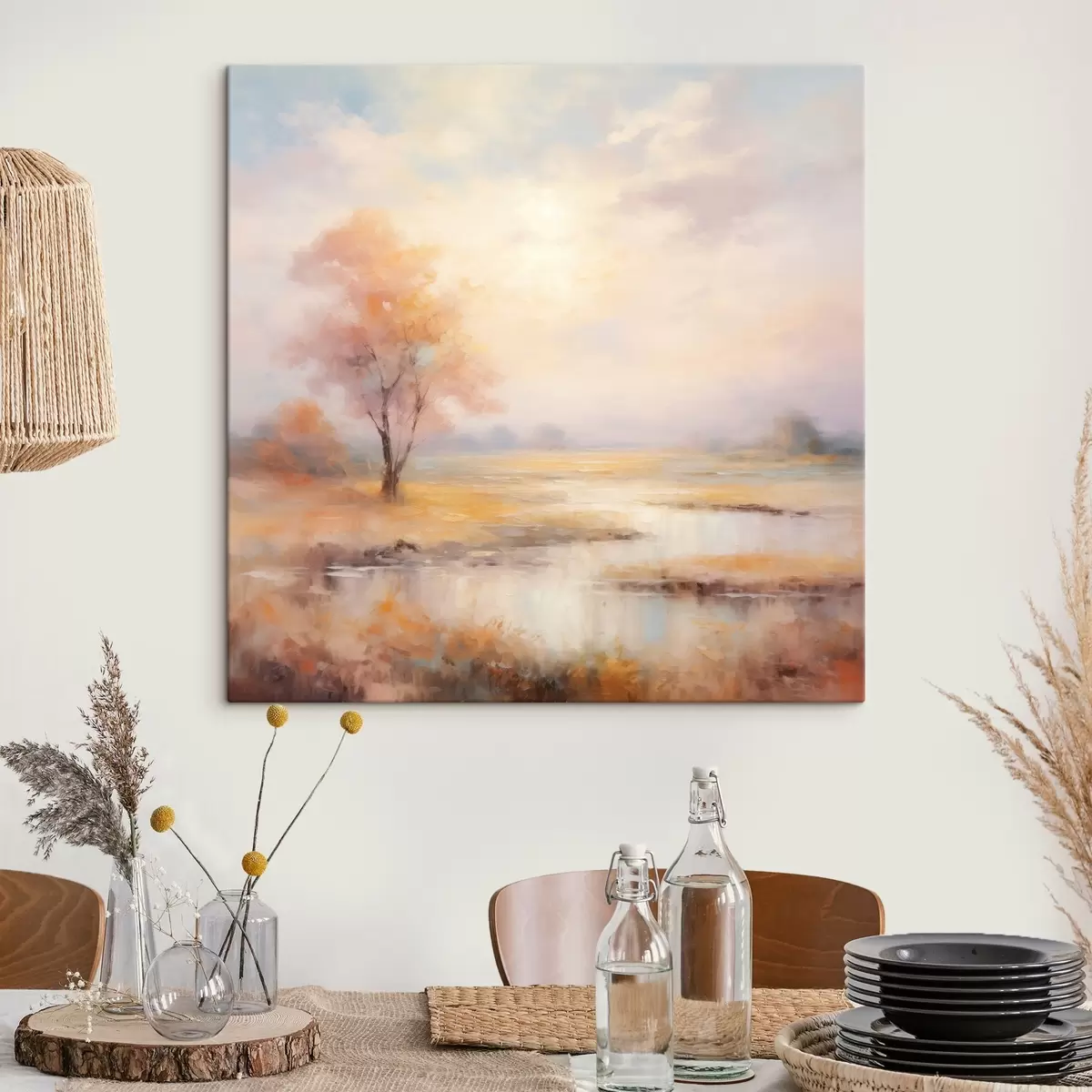 murales de pared Paisaje en tonos cálidos con un río y un árbol s43375