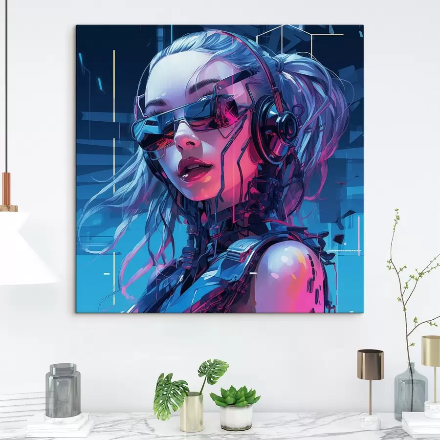 murales de pared Chica futurista con gafas con efecto de color neón s43381