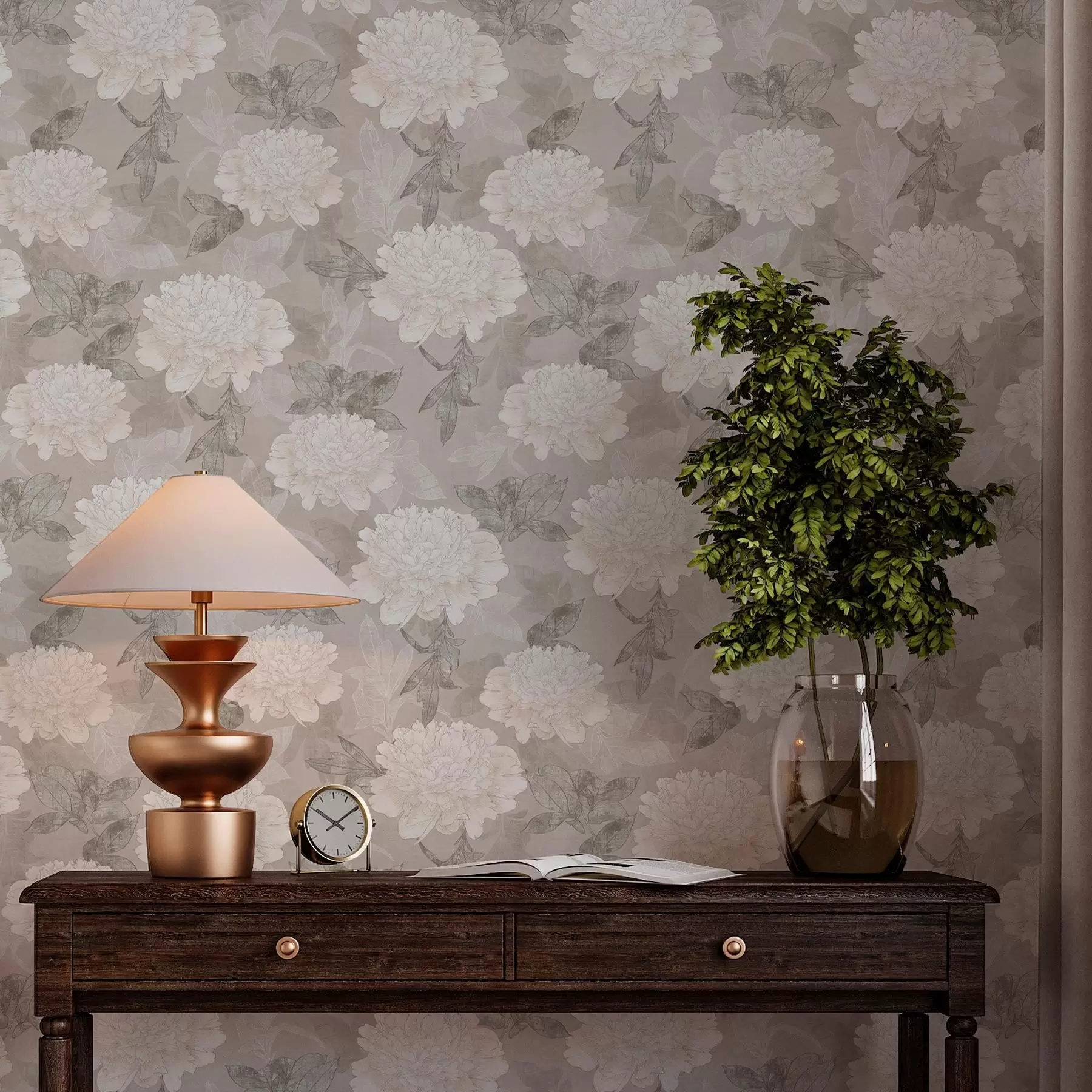 murales de pared Peonías y hojas de color claro en estilo grunge a00005