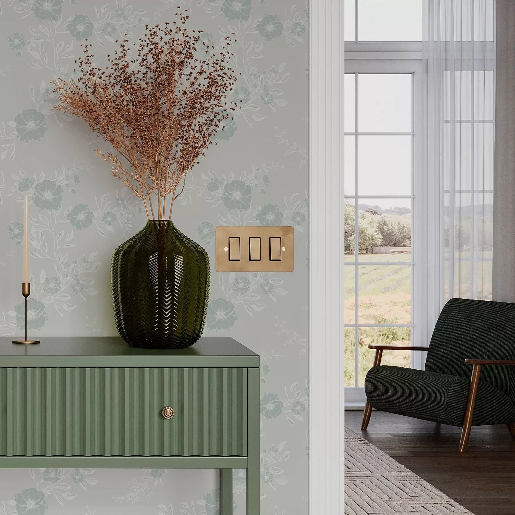 murales de pared Flores con hojas claras sobre fondo azul a00006v2