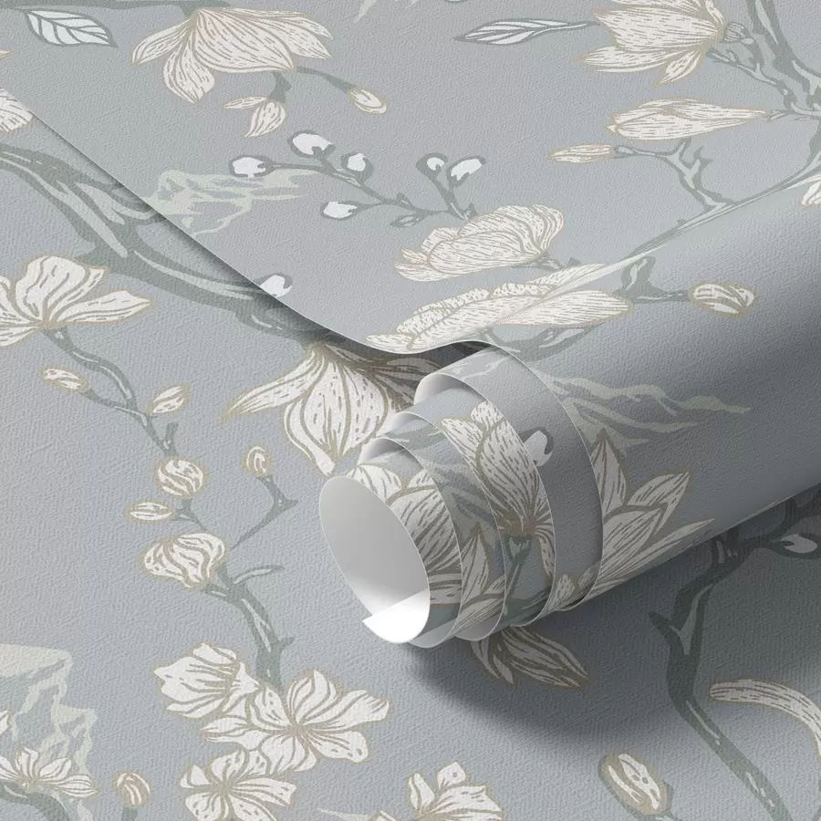 murales de pared Flores blancas sobre ramas y montañas sobre fondo azul a00021