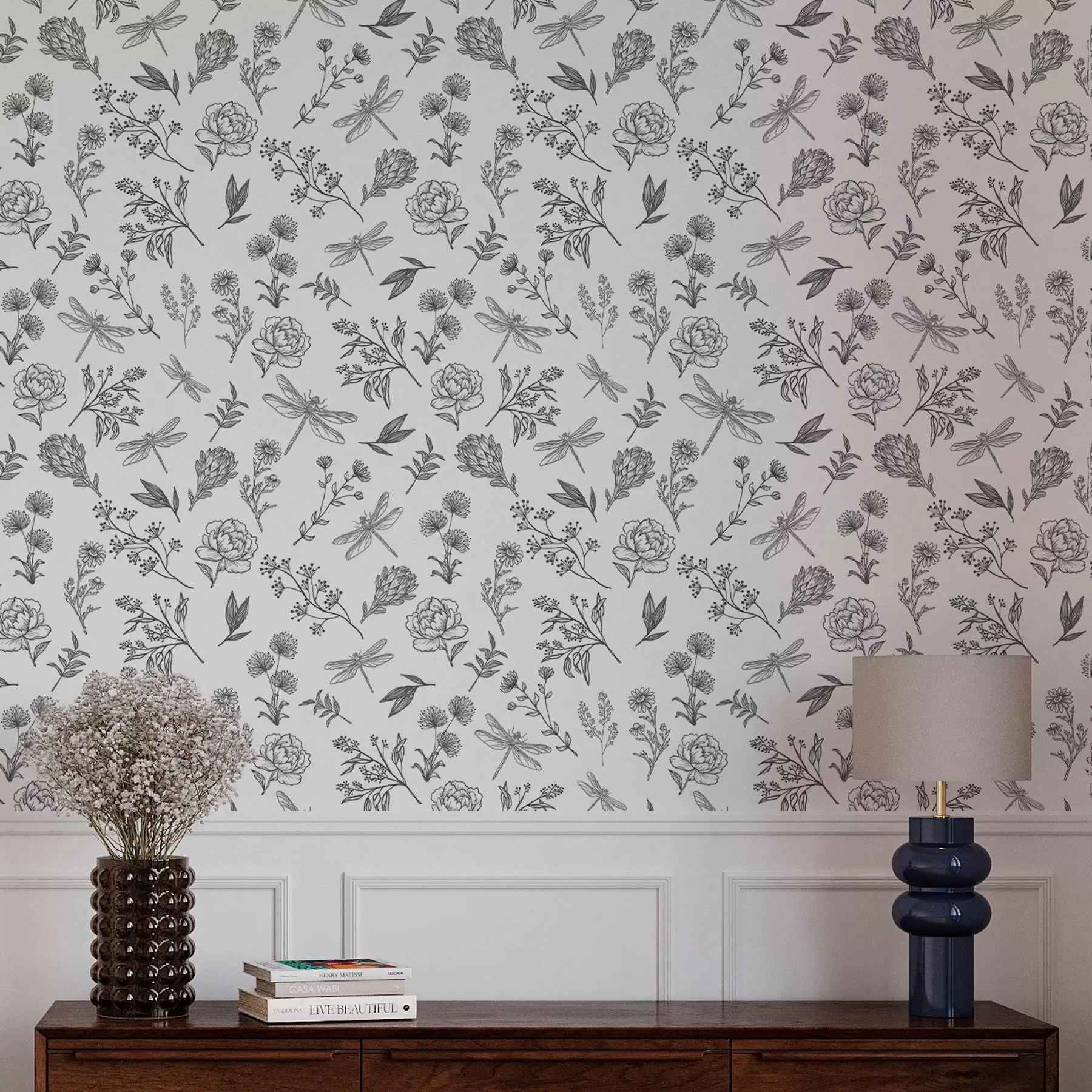 murales de pared Flores, hojas y libélulas sobre fondo blanco a00025v1