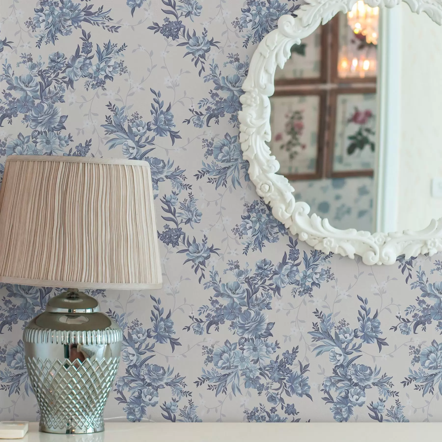 murales de pared Delicadas flores y hojas en colores azul y celeste sobre fondo claro a00027