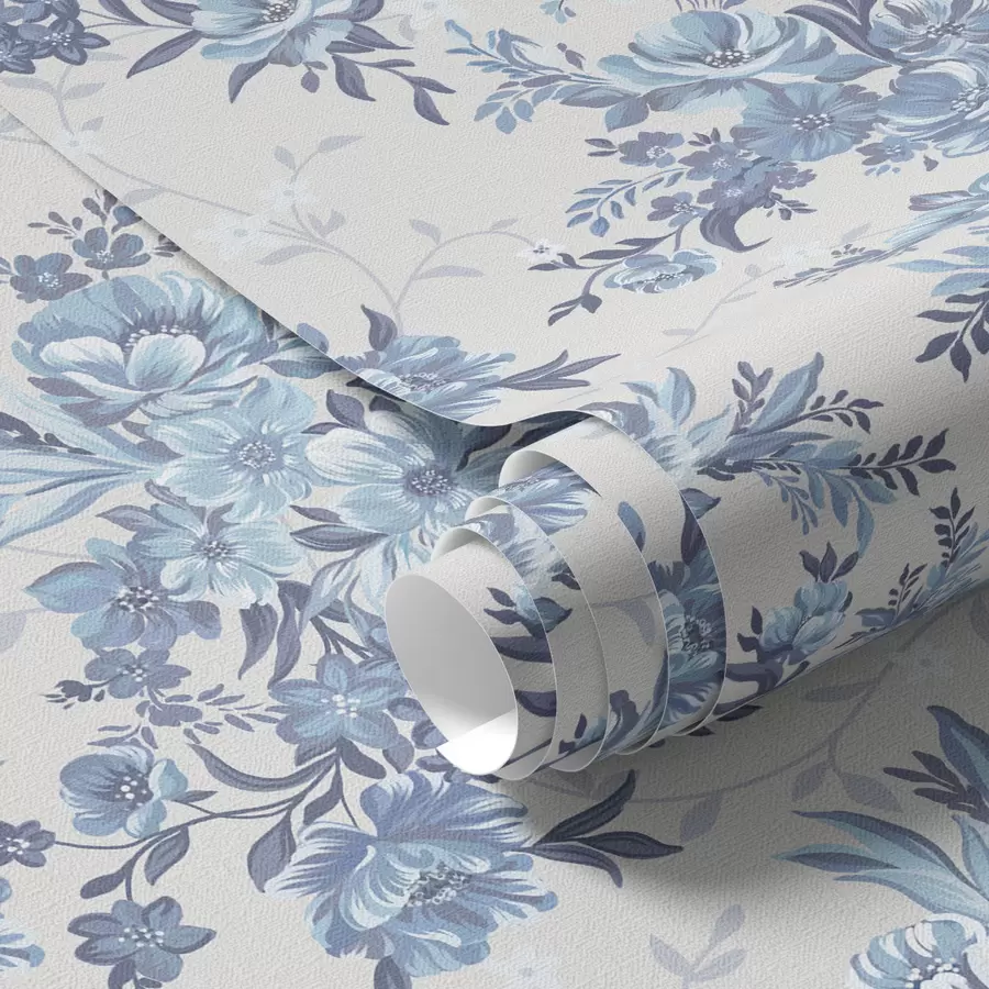 murales de pared Delicadas flores y hojas en colores azul y celeste sobre fondo claro a00027