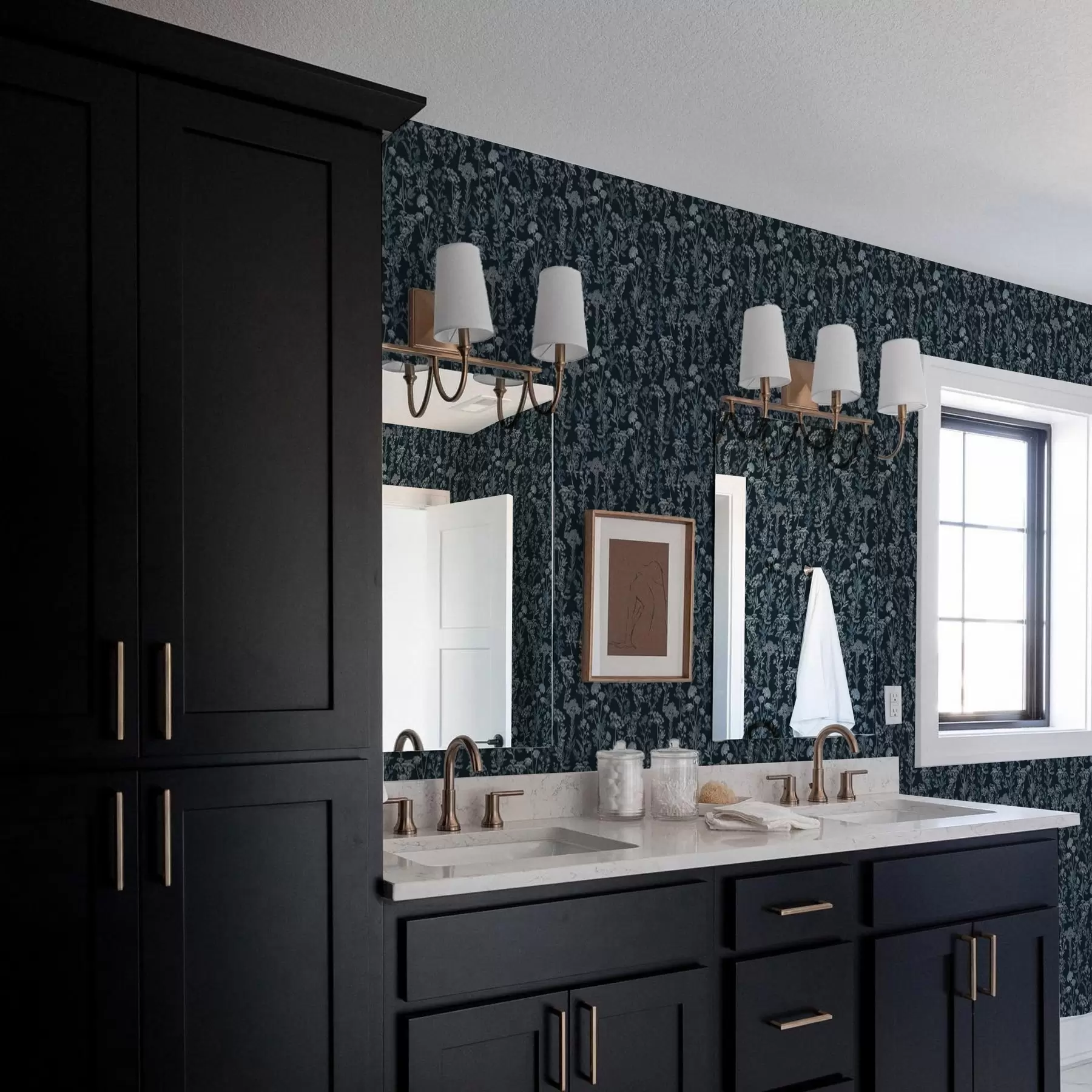 murales de pared Plantas blancas y azules sobre fondo oscuro a00029