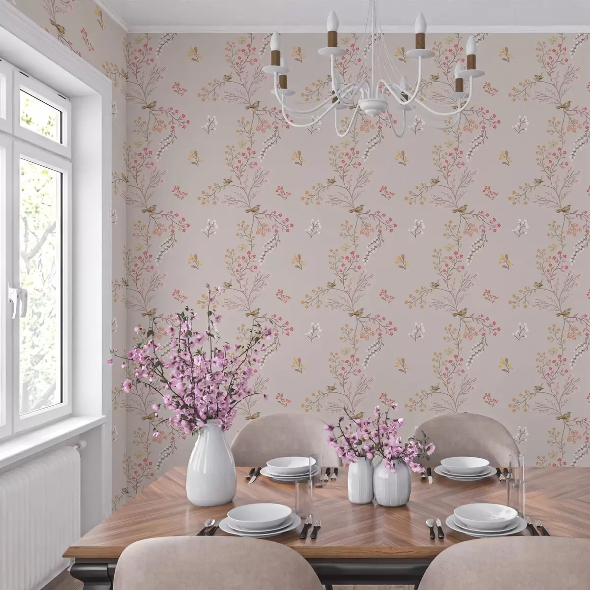 Papel pintado Flores delicadas y colibríes en las ramas a00036