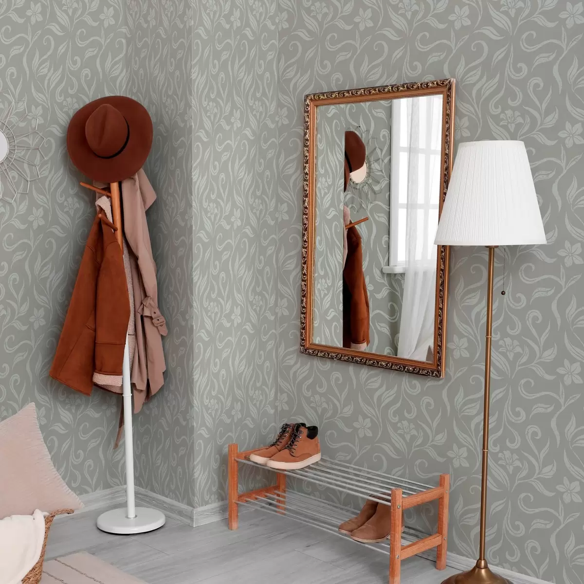 Papel pintado Flores y hojas blancas con rozaduras a00038v1