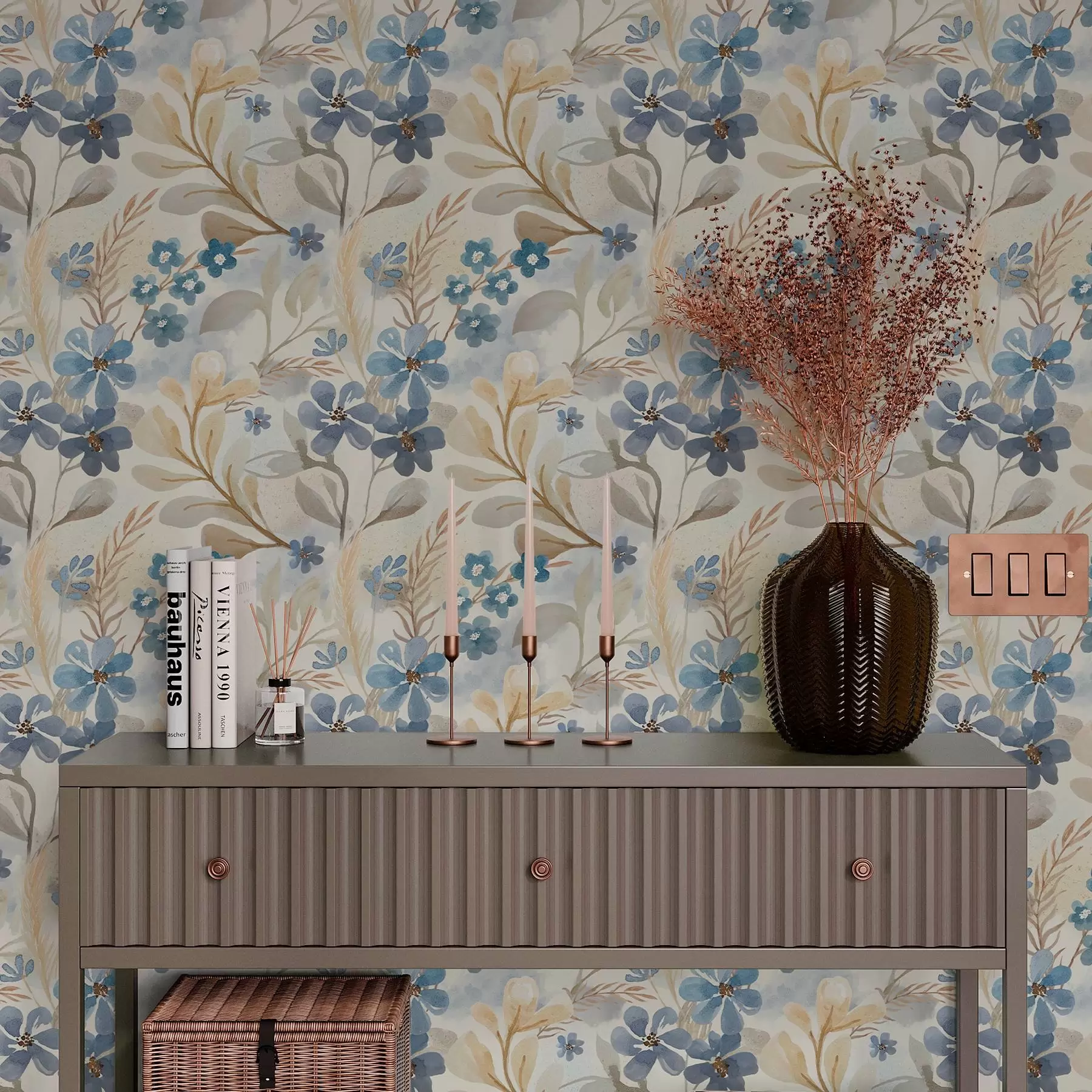 murales de pared Delicadas flores y hojas en estilo acuarela a00042