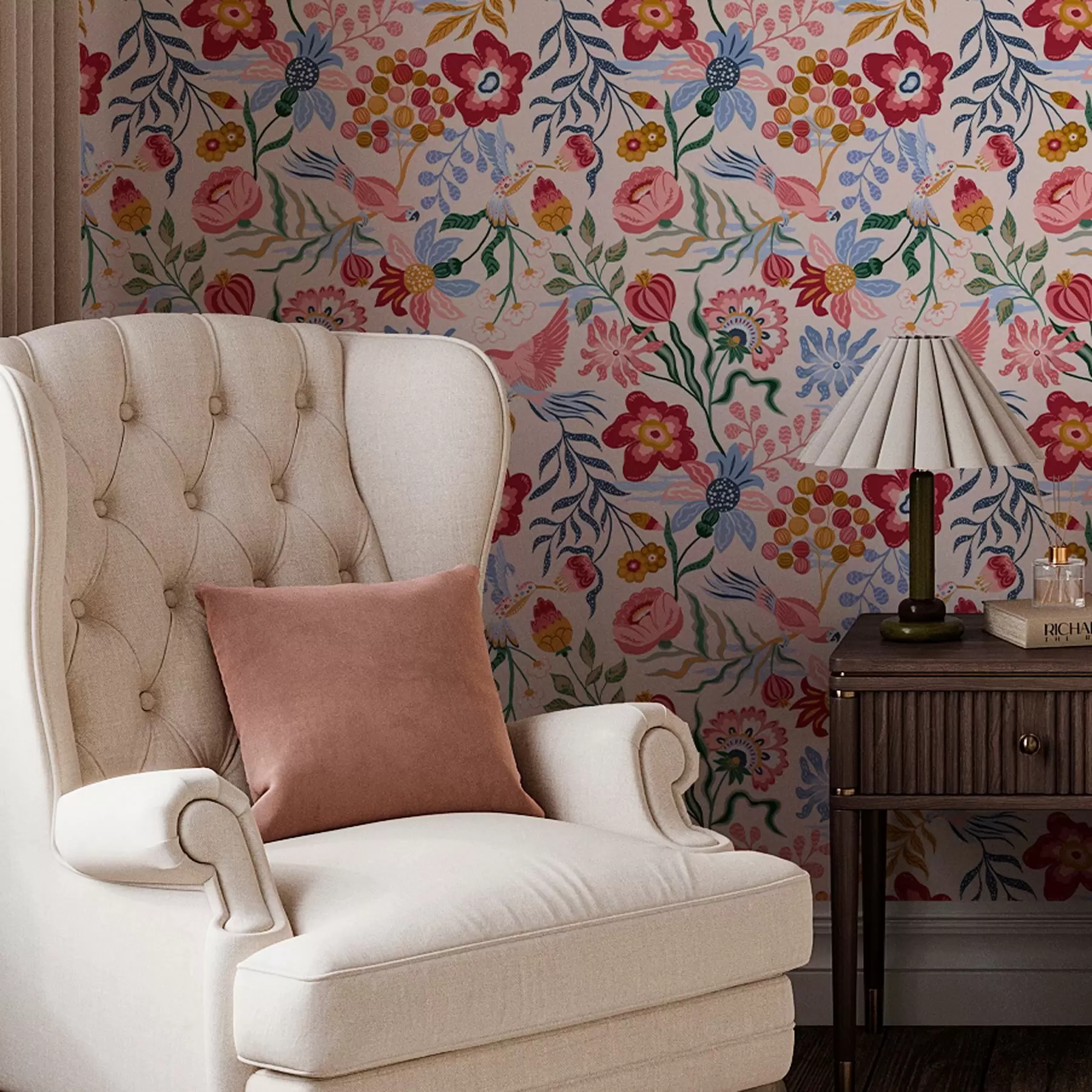 murales de pared Brillante composición de flores y bayas con loros a00046