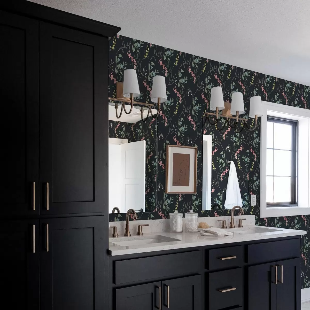 Papel pintado Flores, hojas y tallos sobre fondo oscuro a00047