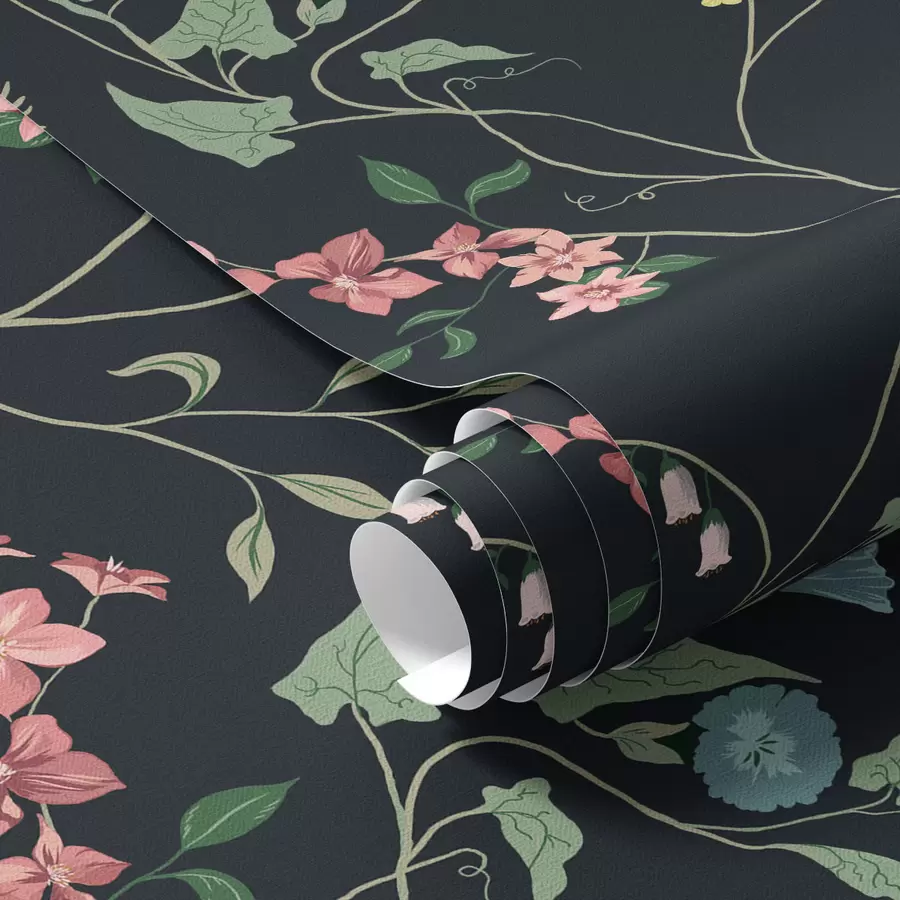 murales de pared Flores, hojas y tallos sobre fondo oscuro a00047