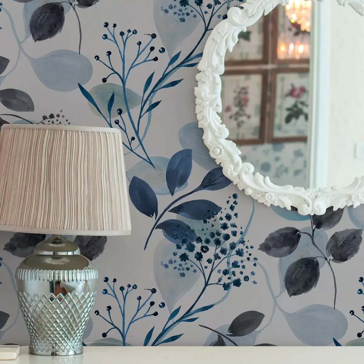 Papel pintado Hojas de otoño en estilo acuarela en tonos azules a00048v2