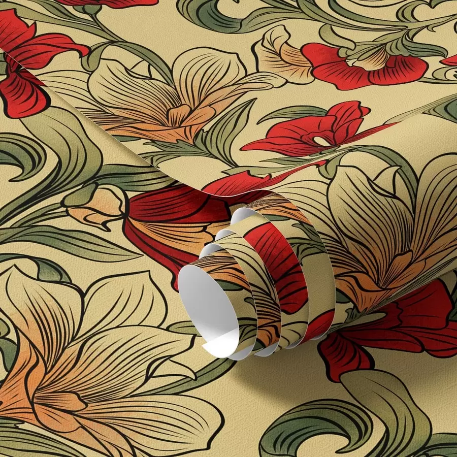 murales de pared Tallos retorcidos brillantes con hojas y flores rojas a00075