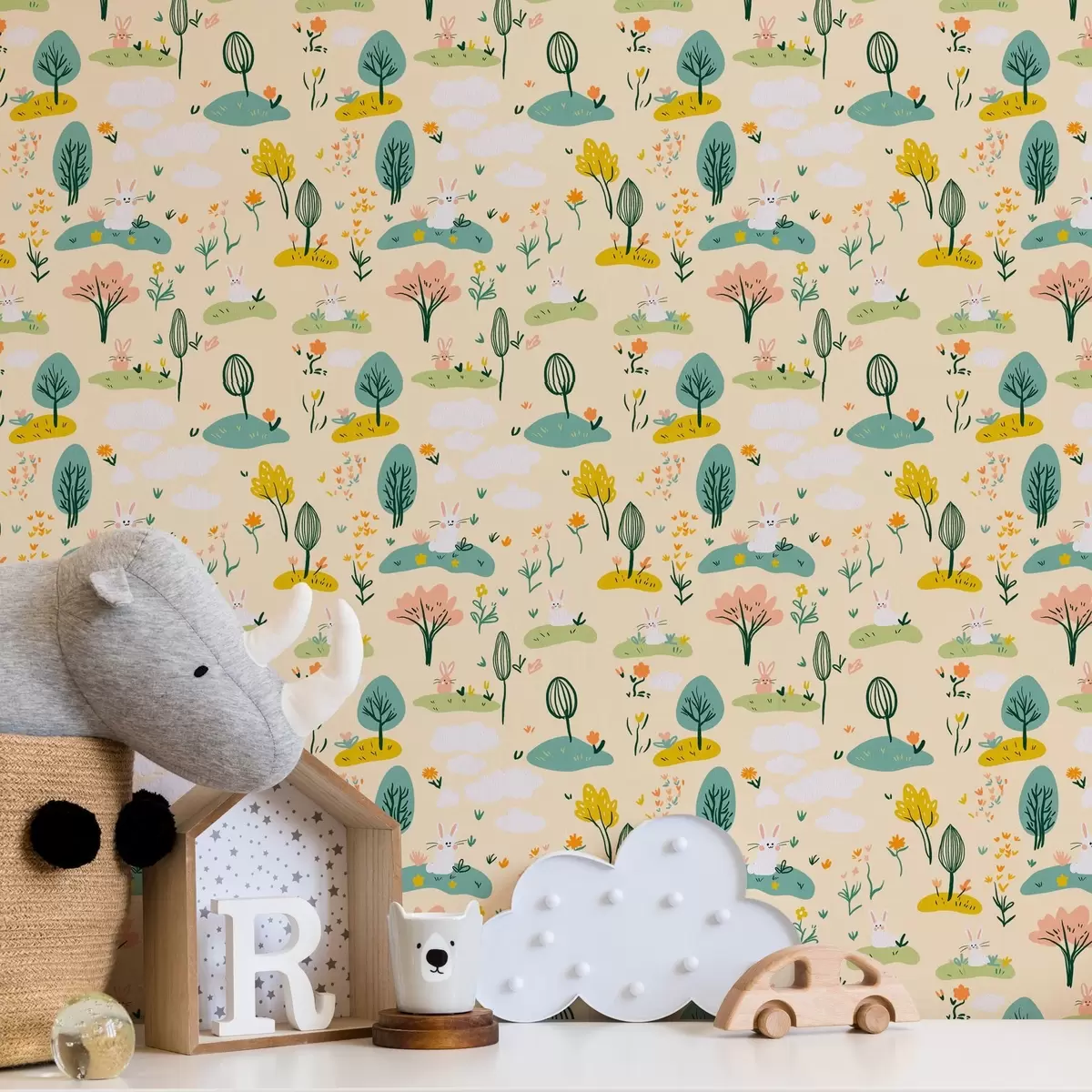 Papel pintado Árboles pequeños y conejos a00081