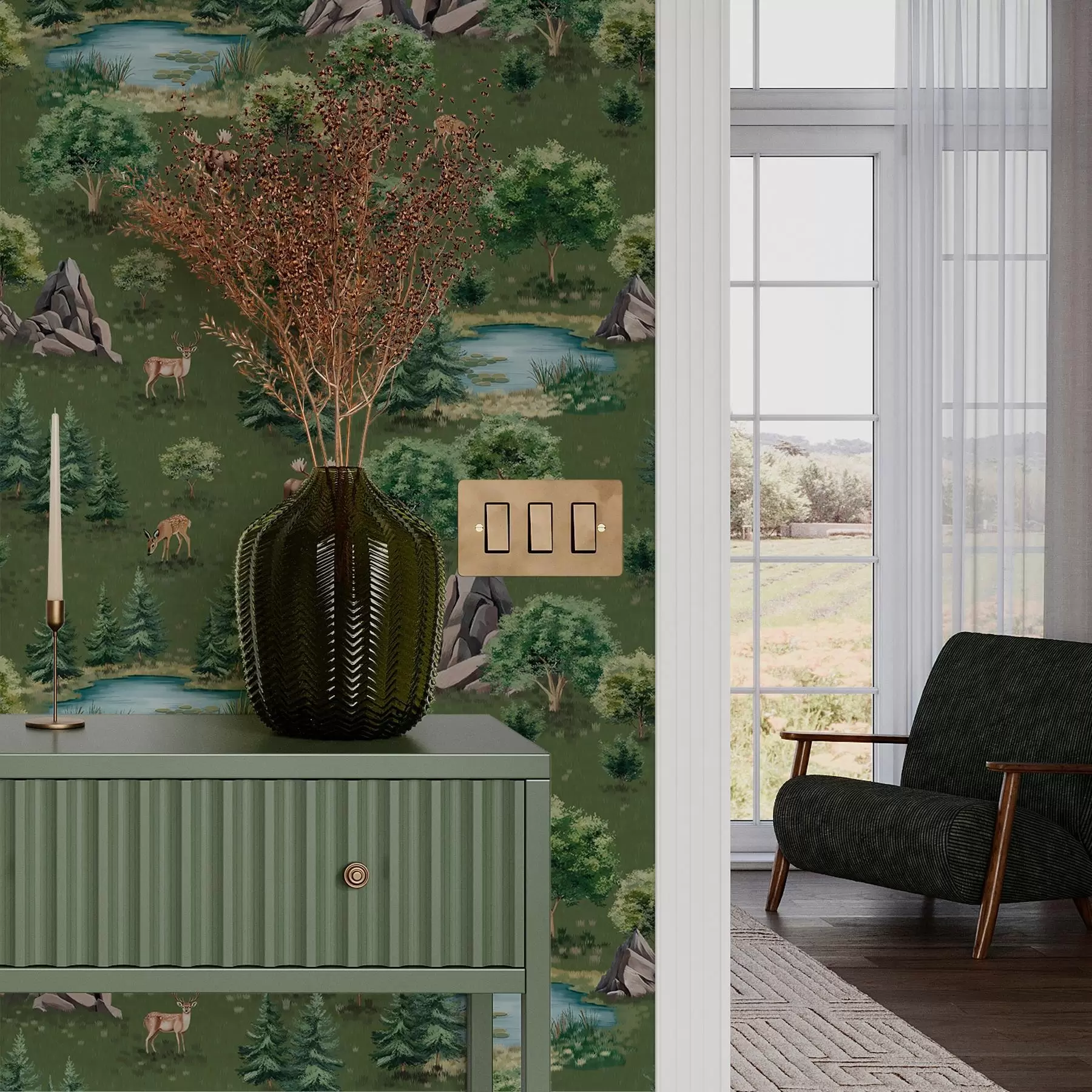 murales de pared Ciervos junto al lago con árboles y rocas a00086