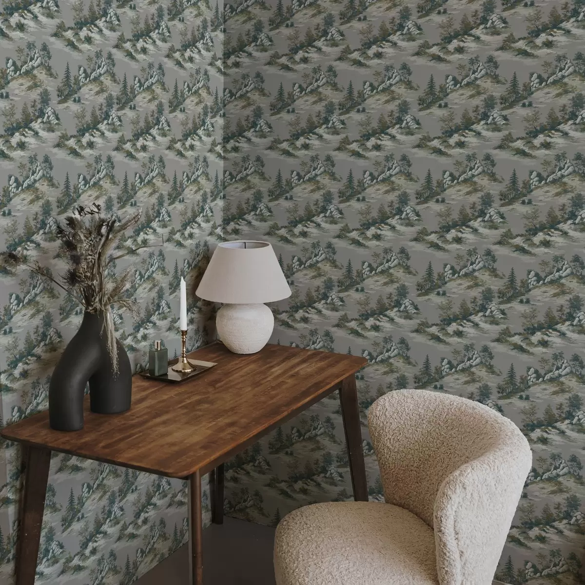 Papel pintado Árboles en salientes montañosos con piedras sobre fondo gris a00090v1