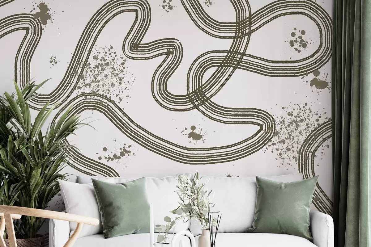 murales de pared Dibujo lineal, salpicaduras de pintura, minimalismo, color oliva w03408