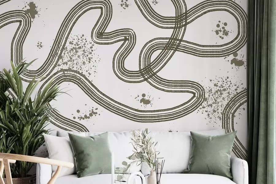 murales de pared Dibujo lineal, salpicaduras de pintura, minimalismo, color oliva w03408