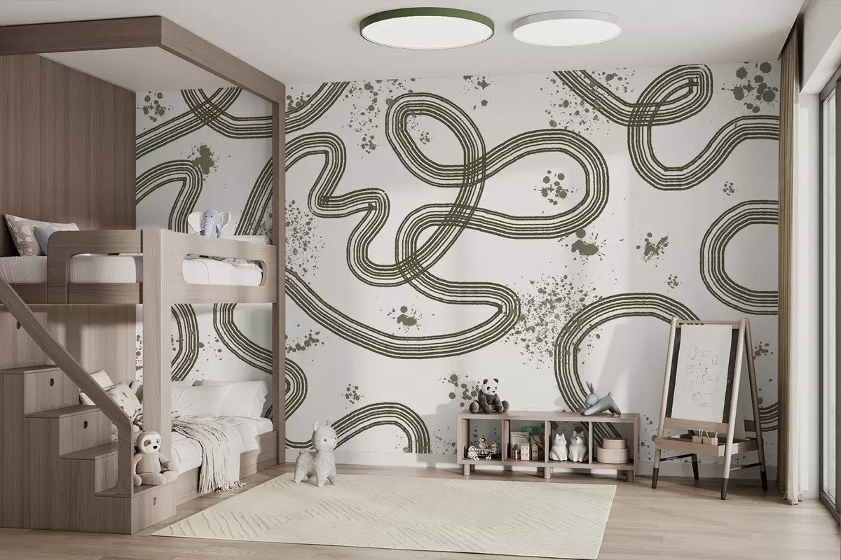 murales de pared Dibujo lineal, salpicaduras de pintura, minimalismo, color oliva w03408