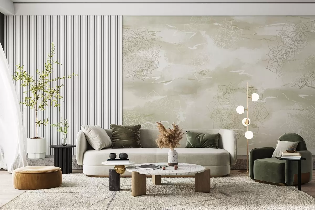 murales de pared Mandalas sobre fondo pastel, pinceladas vivas, colores verdes w03409v2