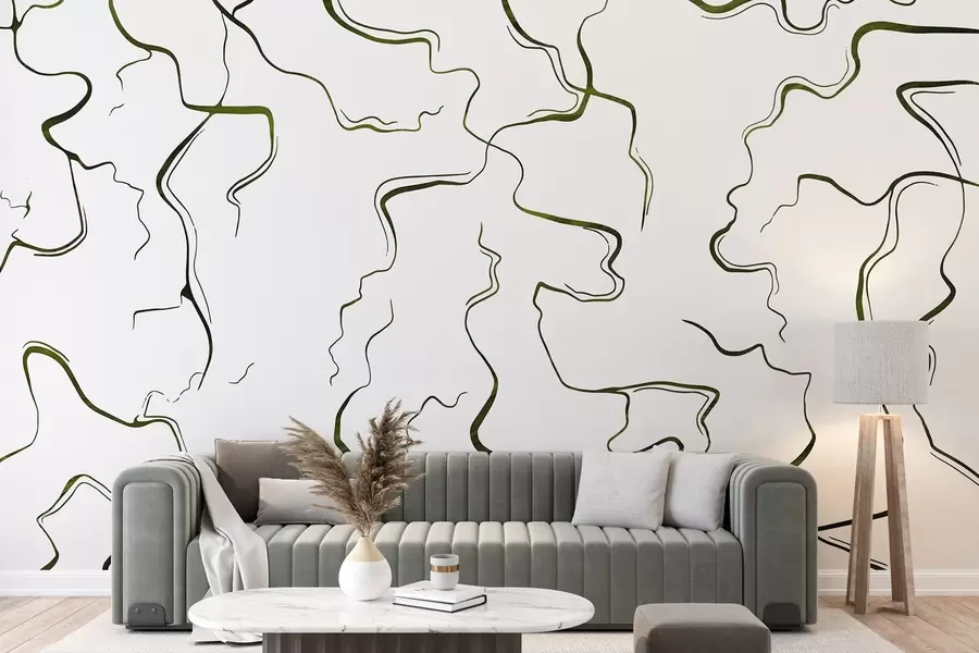 murales de pared Líneas geométricas, estilo tinta, abstracción, colores verdes w03436