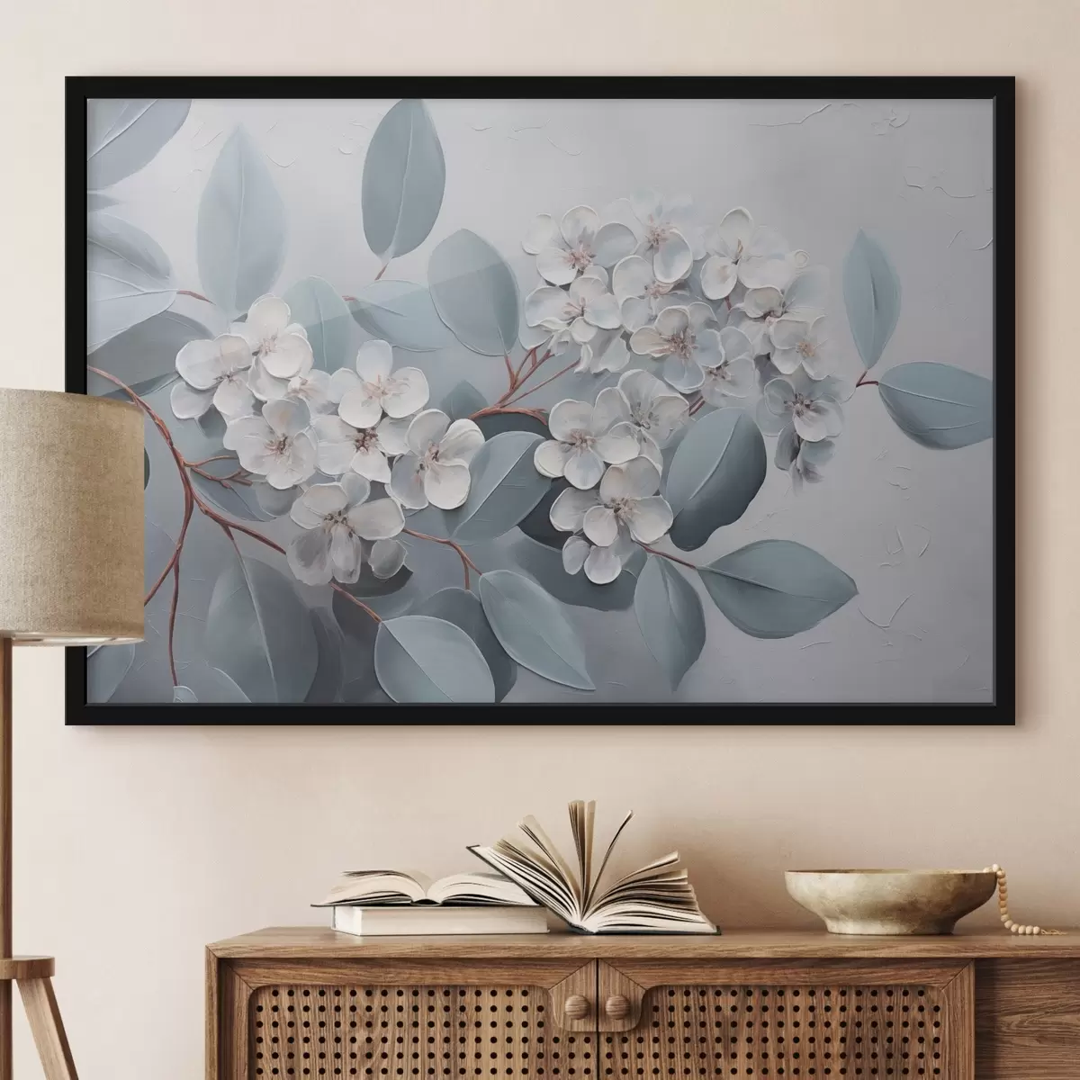 Poster Una rama de flores de hortensia blanca en plena floración, con hojas azules sobre un fondo gris claro, estilo pintura al óleo f43391