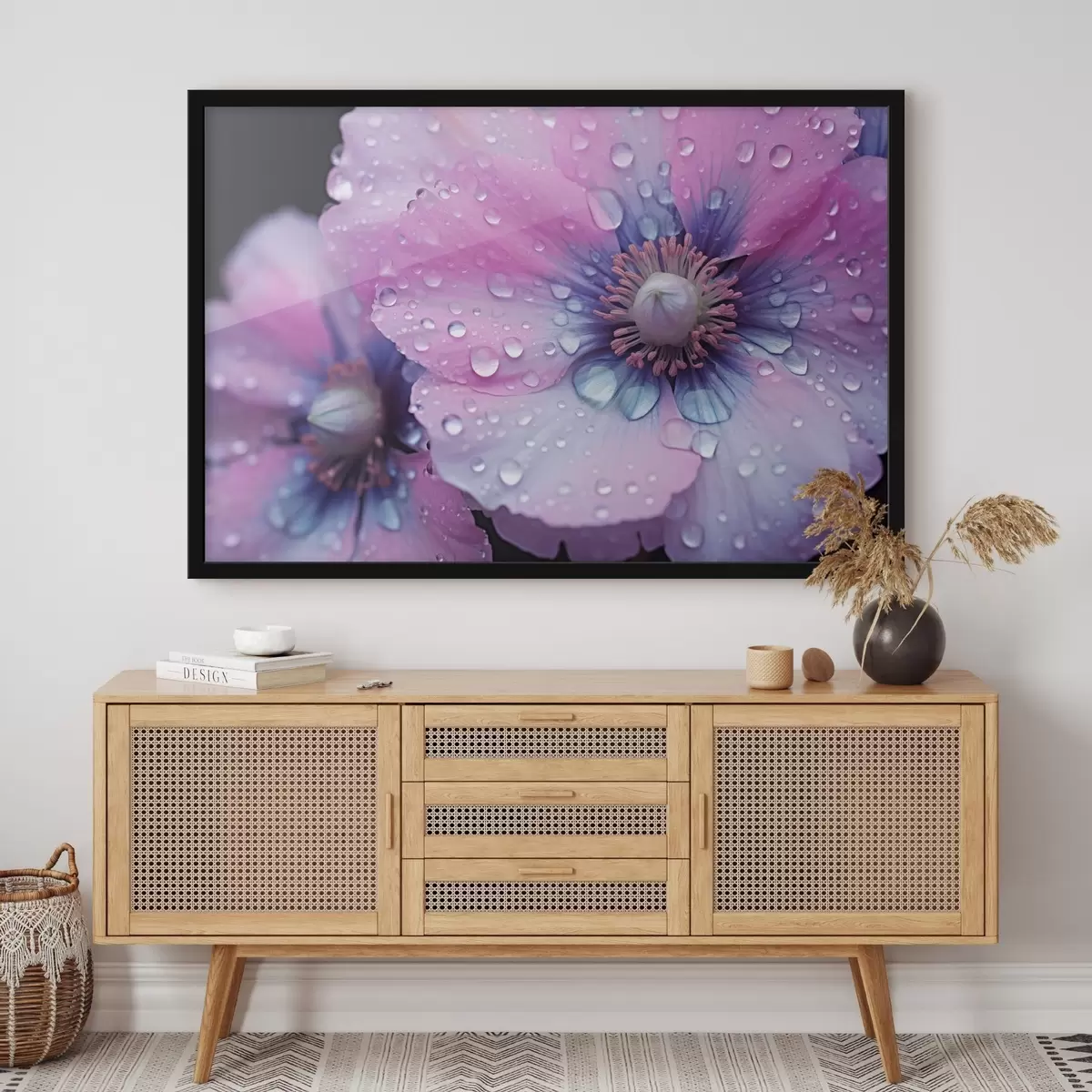 Poster Flores rosas y moradas en plena floración cubiertas de gotas de agua, sobre fondo oscuro f43394