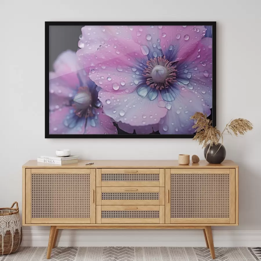 murales de pared Flores rosas y moradas en plena floración cubiertas de gotas de agua, sobre fondo oscuro f43394