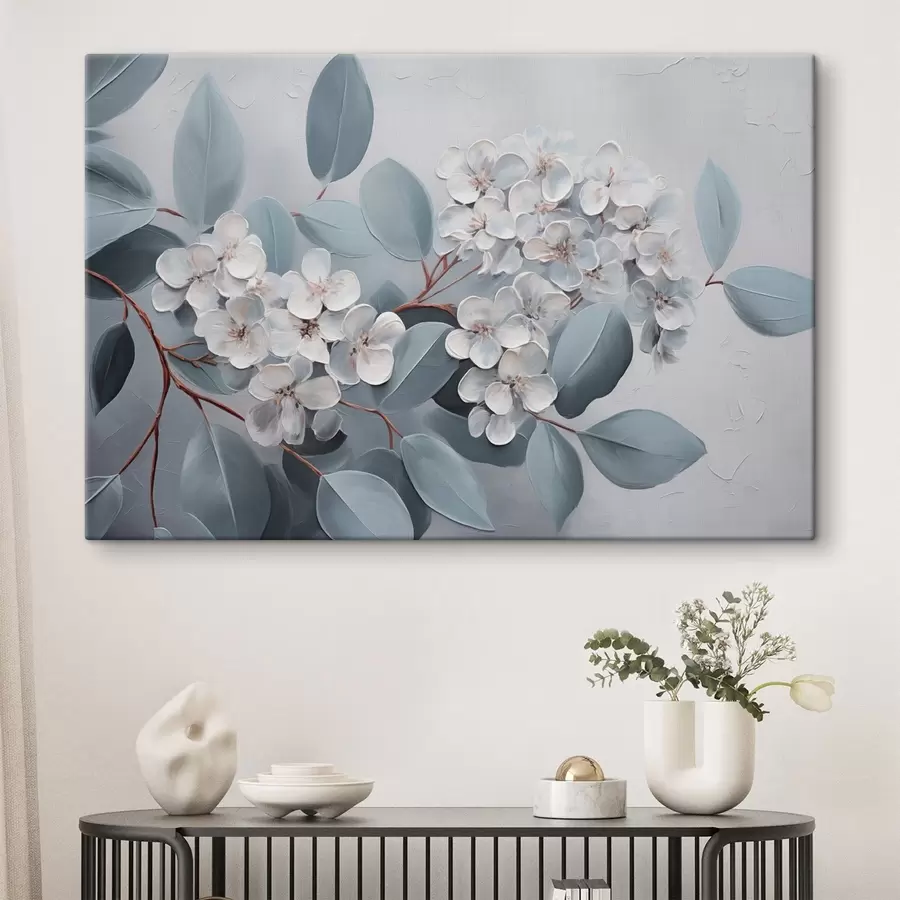 murales de pared Una rama de flores de hortensia blanca en plena floración, con hojas azules sobre un fondo gris claro, estilo pintura al óleo s43391