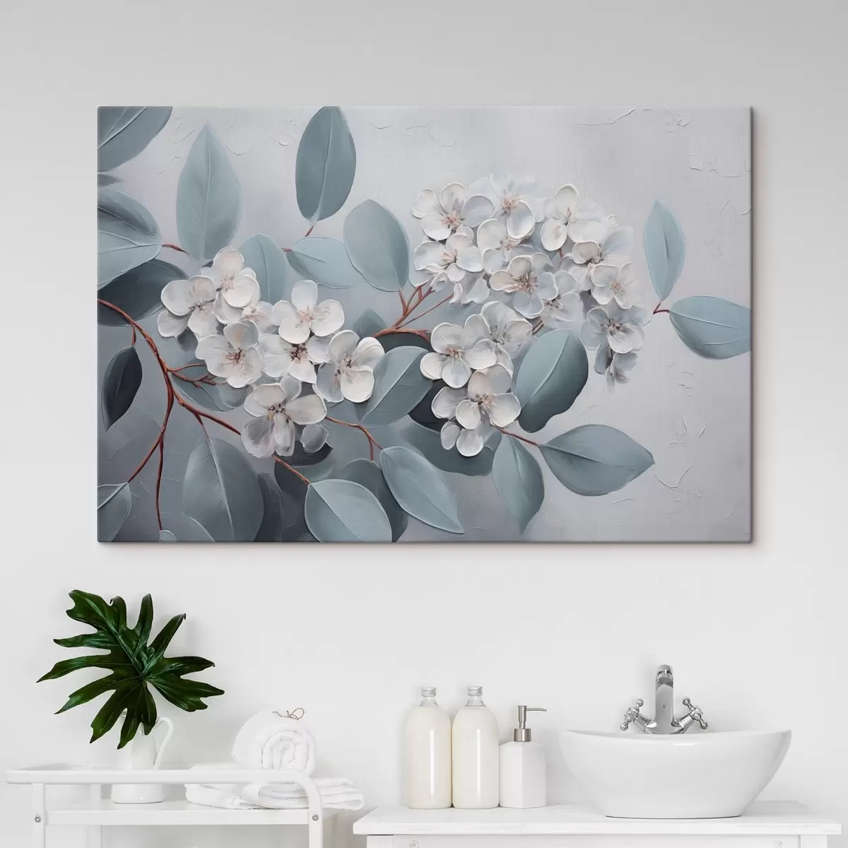 murales de pared Una rama de flores de hortensia blanca en plena floración, con hojas azules sobre un fondo gris claro, estilo pintura al óleo s43391