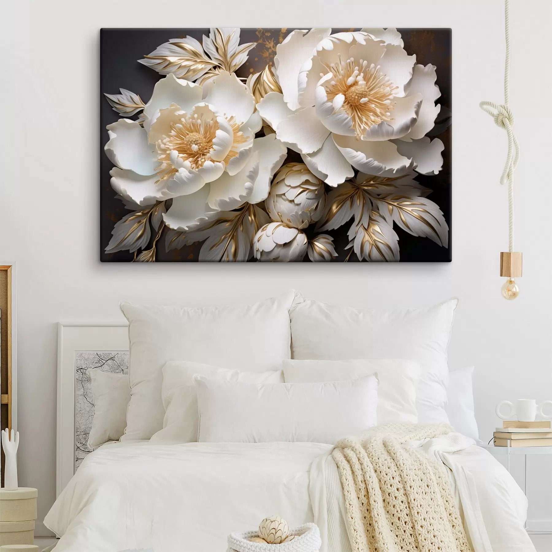 murales de pared Peonías blancas y amarillas con hojas, detalles intrincados, arte decorativo, fondo oscuro s43399