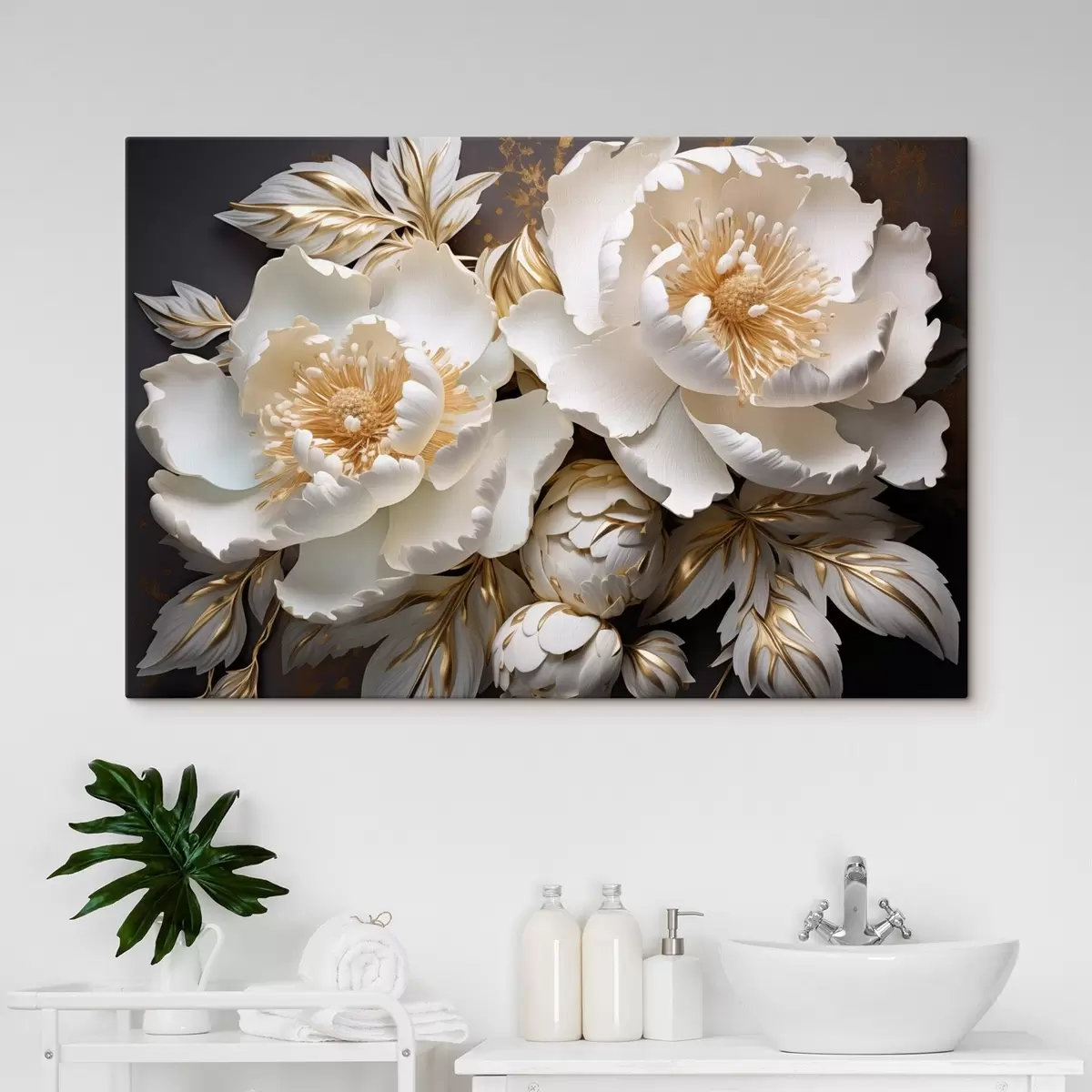 murales de pared Peonías blancas y amarillas con hojas, detalles intrincados, arte decorativo, fondo oscuro s43399