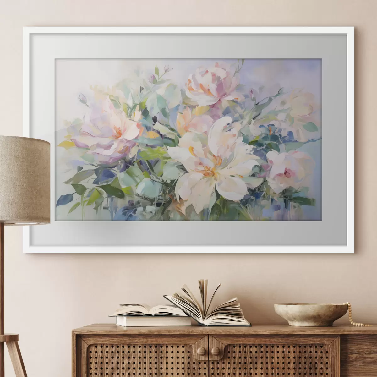 Poster Arreglo floral con flores de color pastel y hojas azules, imitación de pintura al óleo f43390