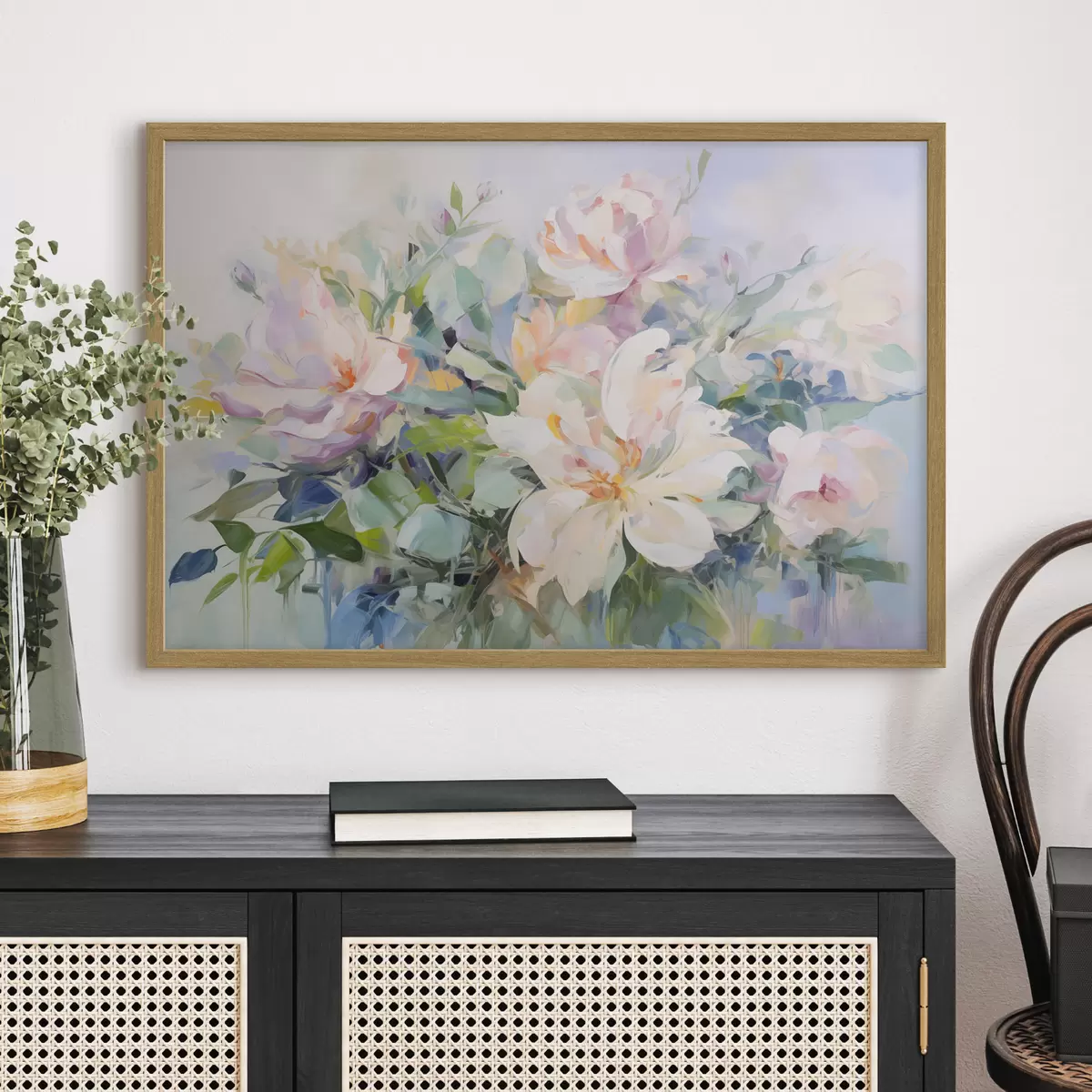 Poster Arreglo floral con flores de color pastel y hojas azules, imitación de pintura al óleo f43390