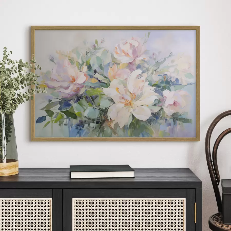murales de pared Arreglo floral con flores de color pastel y hojas azules, imitación de pintura al óleo f43390