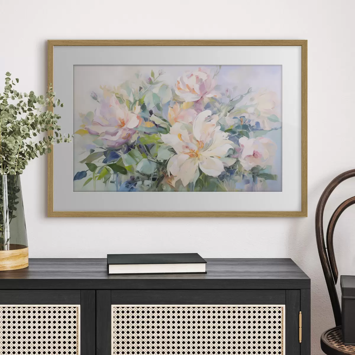 Poster Arreglo floral con flores de color pastel y hojas azules, imitación de pintura al óleo f43390